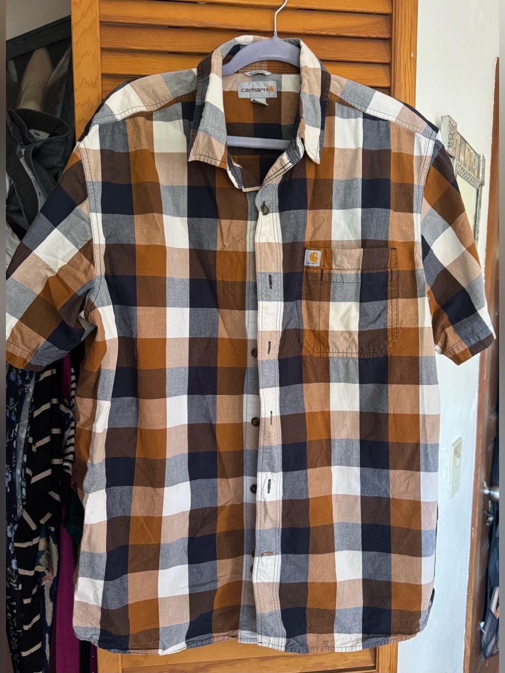 Carhartt Men’s Short-Sleeve Plaid Button-Down Shirt in Brown, Navy, White